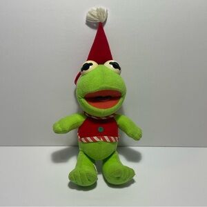 Vintage 1987 Holiday Kermit the Frog Green Stuffed Toy with Red Hat